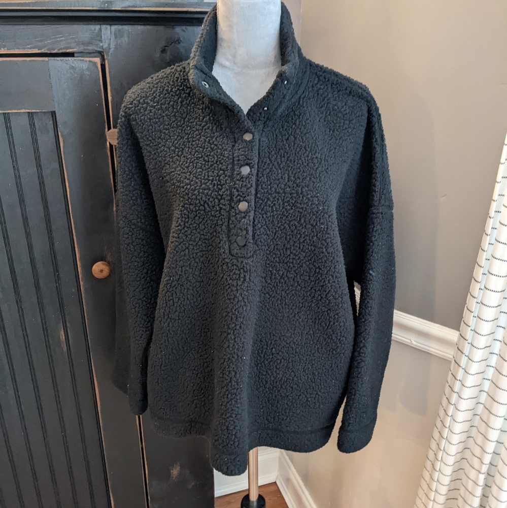 aerie Black Sherpa Snap-Button Pullover Hoodie